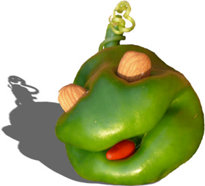 Picture of a cute frog face with almond eyes and a smiling Serrano pepper mouth.