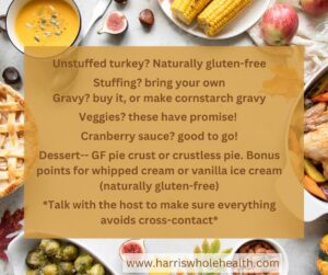 Unstuffed Turkey? Naturally gluten-free Stuffing? Bring your own. Gravy? buy it, or make cornstarch gravy Veggies? these have promise Cranberry sauce? Good to go Dessert--Gf pie crust or crustless pie. Bonus points for whipped cream or vanilla ice cream (naturally gluten-free) Talk to the host to make sure everything avoids cross contact